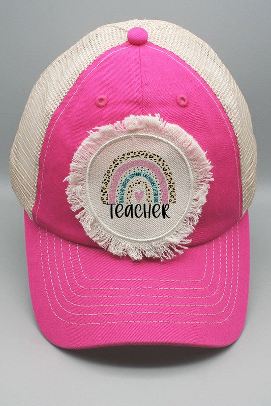 Teacher Pink Leopard Rainbow Patch Hat