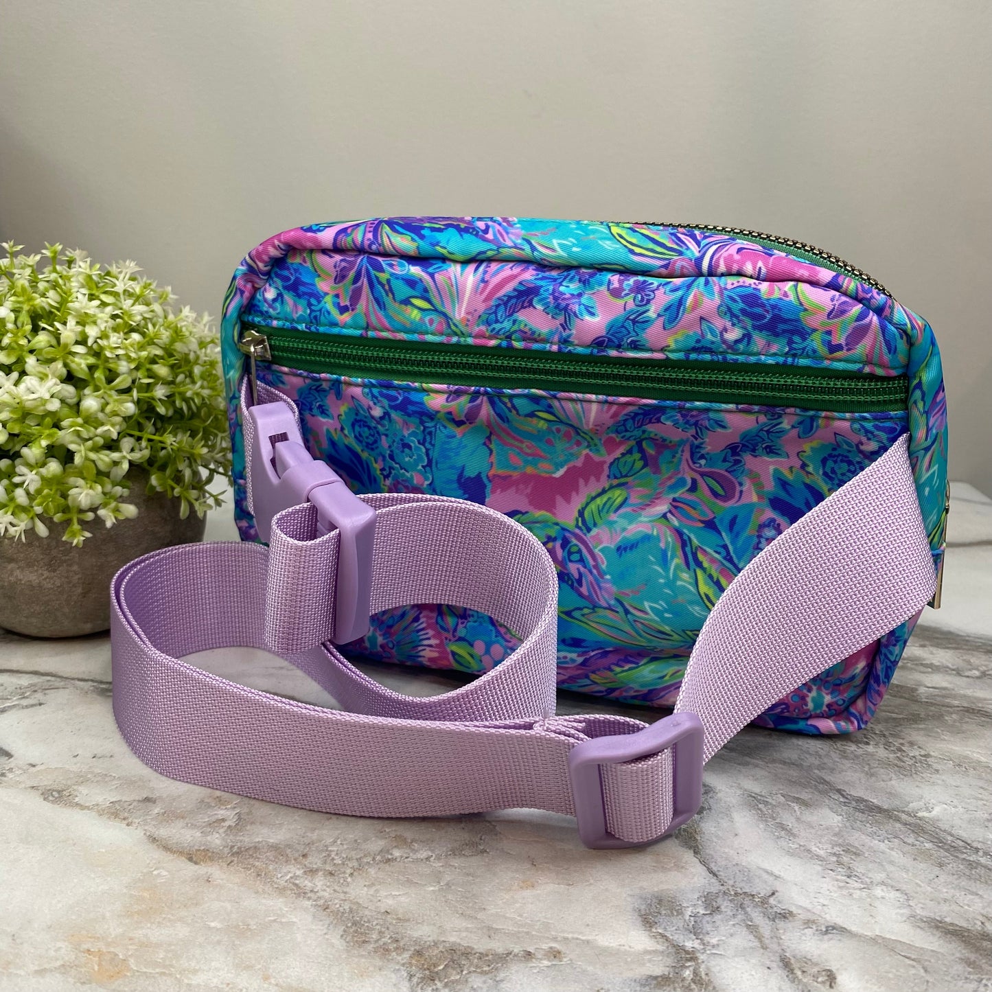 Nylon Belt Bag - Crossbody + Fanny - Floral Blue Green Light Purple